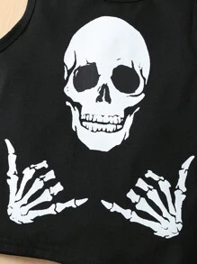 SHEIN 小男童骷髅頭圖案背心上衣 - 黑色 - 查看 4