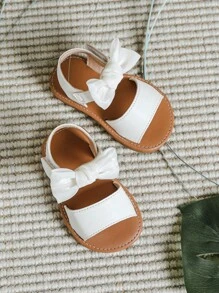 1雙嬰兒女孩'白色簡約風透氣平底涼鞋帶蝴蝶結,合適適合夏天