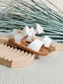 1雙嬰兒女孩'白色簡約風透氣平底涼鞋帶蝴蝶結,合適適合夏天