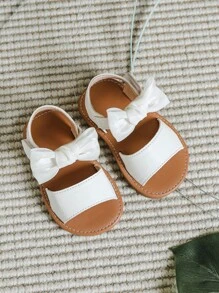 1雙嬰兒女孩'白色簡約風透氣平底涼鞋帶蝴蝶結,合適適合夏天