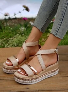 Vacation Ankle Strap Wedge Sandals For Women, Glitter Cross Strap Wedge Sandals