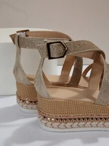 Vacation Ankle Strap Wedge Sandals For Women, Glitter Cross Strap Wedge Sandals