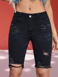 Ripped Raw Hem Denim Shorts - Black - View 3