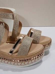 Vacation Ankle Strap Wedge Sandals For Women, Glitter Cross Strap Wedge Sandals