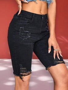 Ripped Raw Hem Denim Shorts - Black - View 4