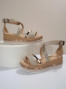 Vacation Ankle Strap Wedge Sandals For Women, Glitter Cross Strap Wedge Sandals