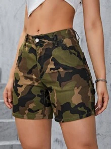 SHEIN EZwear Quần short denim nữ Nút Túi Dây kéo Ngụy trang - xanh quân đội - Xem 3