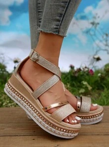 Vacation Ankle Strap Wedge Sandals For Women, Glitter Cross Strap Wedge Sandals