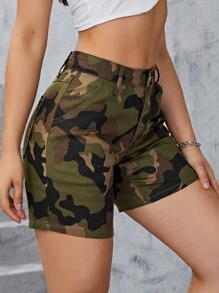 SHEIN EZwear Quần short denim nữ Nút Túi Dây kéo Ngụy trang - xanh quân đội - Xem 5