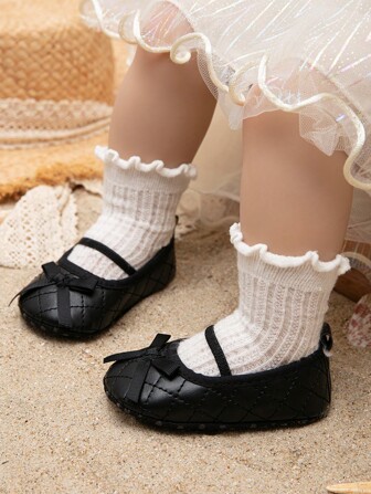 1pair Classic Black Bow Knot Decor Casual Toddler Girls' Flat Shoes