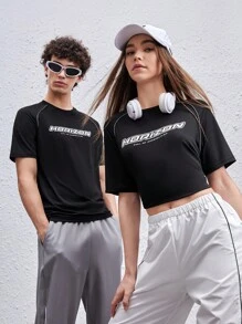 Manfinity VCAY 男士T恤修身領短袖標語TEE街頭賽車夏季聚酯纖維 - 黑色 - 查看 1