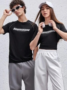 Manfinity VCAY 男士T恤修身領短袖標語TEE街頭賽車夏季聚酯纖維 - 黑色 - 查看 5