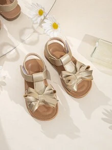 1pair Baby Girls' Cute Flat Sandals With Bow Decorations Perfect For Summer - Gold - View 1