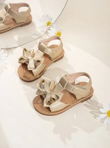 1pair Baby Girls' Cute Flat Sandals With Bow Decorations Perfect For Summer - Gold - View 4
