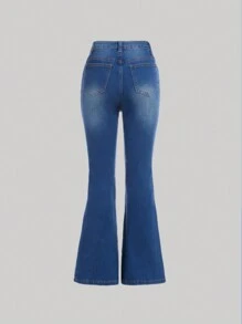 SHEIN Chicas adolescentes Jeans de pierna amplia desgarro - Azul lavado medio - Ver 2