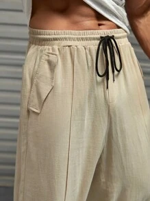 GENTILAND 男士腰部抽繩接縫細節闊腿褲 - 卡其色 - 查看 4