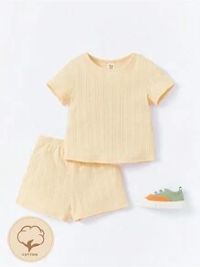 Cozy Pixies Baby Girl Solid Textured Tee & Shorts For Summer