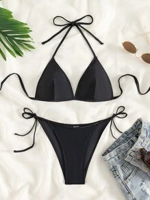SHEIN Swim Bộ Bikini Nữ Thắt nút Buộc lại màu trơn - màu đen - Xem 1