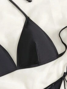 SHEIN Swim Bộ Bikini Nữ Thắt nút Buộc lại màu trơn - màu đen - Xem 3