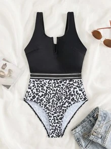 豹紋印花網紗拼接拼接缺口領連體泳衣 - 黑與白 - 查看 3