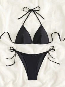 SHEIN Swim Bộ Bikini Nữ Thắt nút Buộc lại màu trơn - màu đen - Xem 4