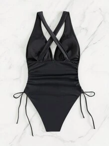 SHEIN Swim Drawstring Side Crisscross Backless Plunge Neck One Piece Swimsuit - Black - View 4