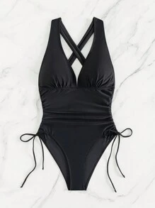 SHEIN Swim Drawstring Side Crisscross Backless Plunge Neck One Piece Swimsuit - Black - View 5