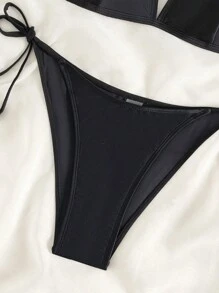 SHEIN Swim Bộ Bikini Nữ Thắt nút Buộc lại màu trơn - màu đen - Xem 5