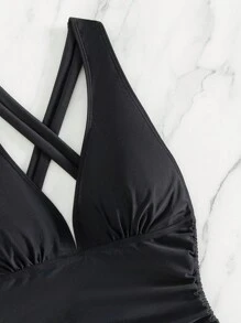 SHEIN Swim Drawstring Side Crisscross Backless Plunge Neck One Piece Swimsuit - Black - View 6