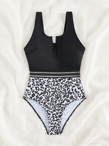 豹紋印花網紗拼接拼接缺口領連體泳衣 - 黑與白 - 查看 7