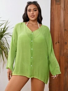 SHEIN Swim Curve 大碼前紐扣和服罩衫 - 綠色 - 查看 2