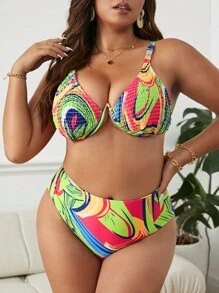 SHEIN Conjunto de bikini con aro y estampado completo de talla grande para playa de verano - Multicolor - Ver 1