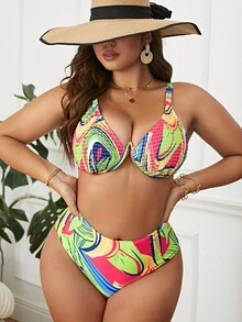 SHEIN Conjunto de bikini con aro y estampado completo de talla grande para playa de verano - Multicolor - Ver 3
