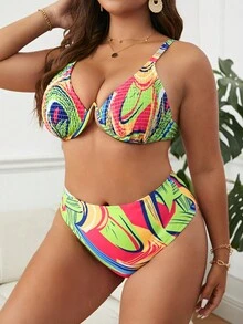 SHEIN Conjunto de bikini con aro y estampado completo de talla grande para playa de verano - Multicolor - Ver 5
