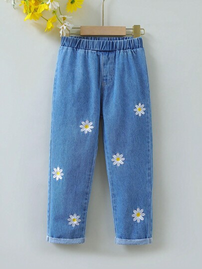 SHEIN Young Girl Floral Embroidery Straight Leg Jeans
