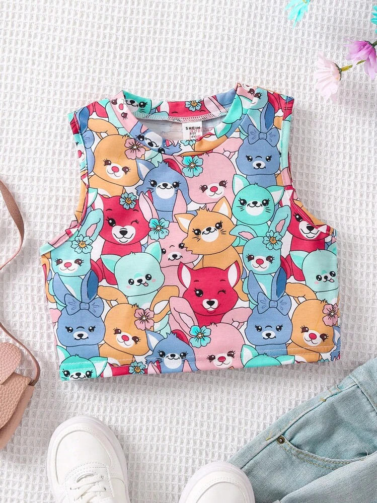 Chica Joven Top tank con estampado de dibujos animados - Multicolor - Añade 1