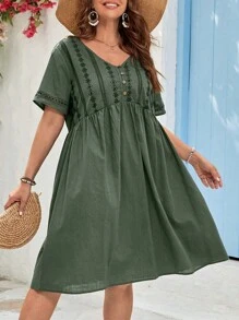EMERY ROSE Đầm Plus Size Nút phía trước Tranh thêu màu trơn Dễ thương - xanh quân đội - Xem 1