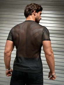 FeverCity 男士 T 恤 V 领短袖性感时尚男士夏季渔网上衣 - 黑色 - 查看 3