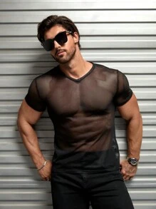 FeverCity 男士 T 恤 V 领短袖性感时尚男士夏季渔网上衣 - 黑色 - 查看 4