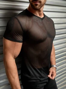 FeverCity 男士 T 恤 V 领短袖性感时尚男士夏季渔网上衣 - 黑色 - 查看 5