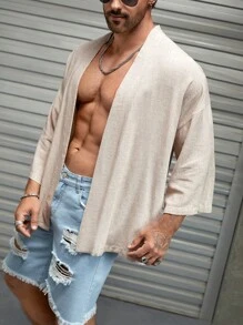 GENTILAND Áo sơ mi nam hở vai rộng thùng thình phía trước - Màu be - Xem 1