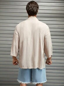 GENTILAND Áo sơ mi nam hở vai rộng thùng thình phía trước - Màu be - Xem 2