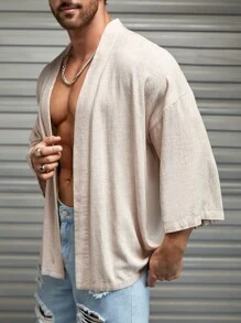 GENTILAND Áo sơ mi nam hở vai rộng thùng thình phía trước - Màu be - Xem 5