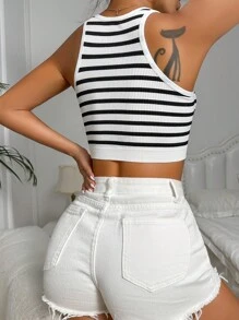 Women's Casual Comfy High Stretch Black And White Striped Crop Tank Top Bralette - Black and White - View 2