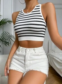 Women's Casual Comfy High Stretch Black And White Striped Crop Tank Top Bralette - Black and White - View 4