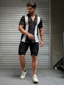 Manfinity VCAY Áo sơ mi Nam Nút phía trước Khối Màu Giải trí - Đen và trắng - Xem 3