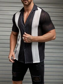 Manfinity VCAY Áo sơ mi Nam Nút phía trước Khối Màu Giải trí - Đen và trắng - Xem 4