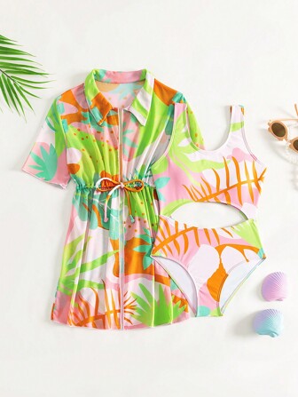 女孩熱帶圖案鏤空連體泳衣附和服