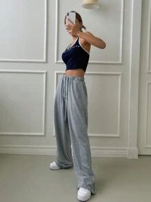 DAZY 素色腰部抽繩闊腿衛褲 - 灰色 - 查看 6
