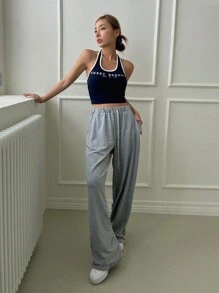 DAZY 素色腰部抽繩闊腿衛褲 - 灰色 - 查看 5